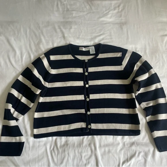 Liz Claiborne Cropped Navy Blue White Striped Nautical Inspired Button Cardigan - Picture 5 of 11